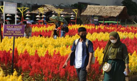 Sejumlah warga berkunjung ke Taman Bunga Celosia di Palembang, Sumatera Selatan.