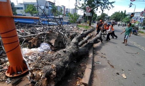   Sejumlah warga bersama petugas kebersihan berupaya menyingkirkan pohon ambruk dari jalanan di kawasan Sunter, Jakarta, Selasa (8/4). ( Republika/ Wihdan)