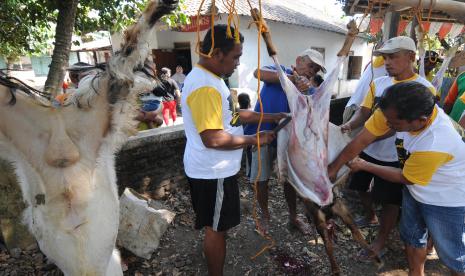 Sejumlah warga menguliti daging kambing kurban di Bendosari, Sawit, Boyolali, Jawa Tengah.