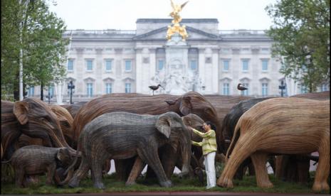 Sekawanan replika gajah seukuran aslinya diarak melalui pusat kota London, Inggris, pada Sabtu (15/5).