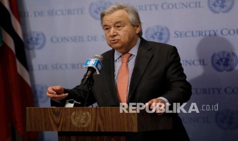  Sekjen PBB Antonio Guterres memberikan pernyataan tentang Ukraina di markas besar PBB di New York, New York, AS, 14 Februari 2022.