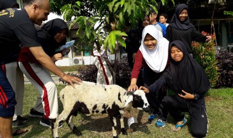 Sekolah Bosowa Bina Insani melibatkan para siswa dalam proses pemotongan dan pembagian daging hewan kurban.