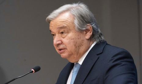 Sekretaris Jenderal Perserikatan Bangsa-Bangsa Antonio Guterres berbicara kepada wartawan selama konferensi pers untuk memperkenalkan laporan kedua Kelompok Tanggap Krisis Global – tentang dampak perang di Ukraina pada sektor pangan, bahan bakar dan keuangan, Rabu, 8 Juni 2022, di Markas PBB.