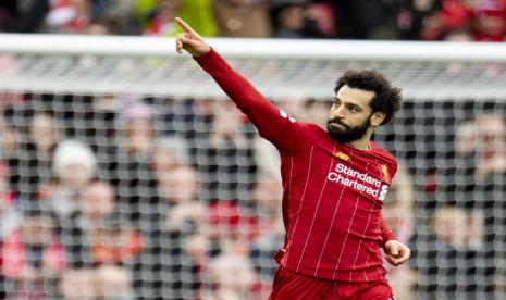 Seleberasi Mohammad Salah saat mencetak gol ke gawang Bournemouth.