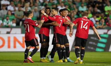 Seleberasi pemain Manchester United usai Anthony Martial mencetak gol ke gawang Omonia pada ajang Liga Europa, Jumat (7/10/2022) dini hari WIB.