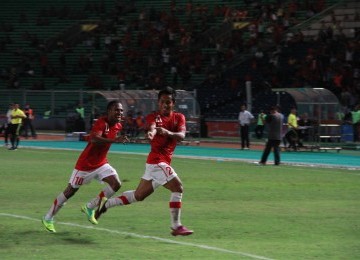 Selebrasi Andik usai melesakkan gol kelima untuk Indonesia. (Republika Online/Fafa)