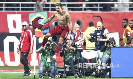 Selebrasi Firmino pada laga fina FIFA Club World Cup 2019  antara Liverpool FC melawan CR Flamengo, di Doha, Qatar, Sabtu (21/12) dini hari 