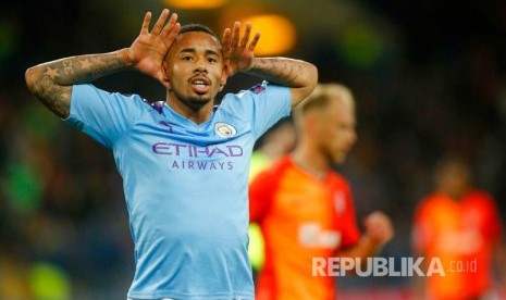 Selebrasi gol gelandang serang Manchester City Gabriel Jesus.