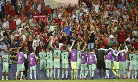 Selebrasi kemenangan Timnas Portugal usai mengalahkan Wales di Semi Final dengan skor 2-0