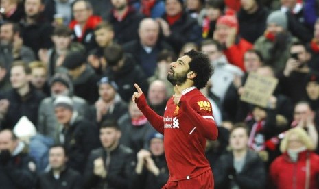 Selebrasi Mohamed Salah seusai menjebol gawang Tottenham Hotspur.