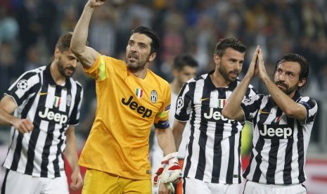 Selebrasi para pemain Juventus usai kalahkan Real Madrid dalam laga leg pertama semi-final liga champions di Stadion Juventus, Rabu (6/5) dini hari WIB.