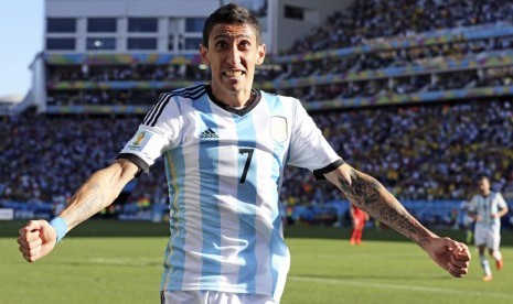 Selebrasi pemain Argentina Angel di Maria, usai mencetak gol ke gawang Swiss di Sao Paulo, Brasil, Selasa (1/7). 