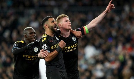 Selebrasi pemain Manchester City Kevin De Bruyne (kanan).