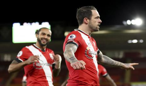 Selebrasi pemain Southampton Danny Ings selepas menjebol gawang Liverpool dalam pertandingan Liga Primer Inggris.