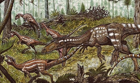 Seniman menggambarkan aktivitas Tachiraptor admirabillis