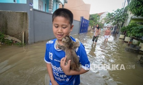 Seorang anak menyelamatkan anak kucing saat banjir yang melanda Kampung Bojong Asih, Dayeuhkolot, Kabupaten Bandung, Senin (12/11/2018). 