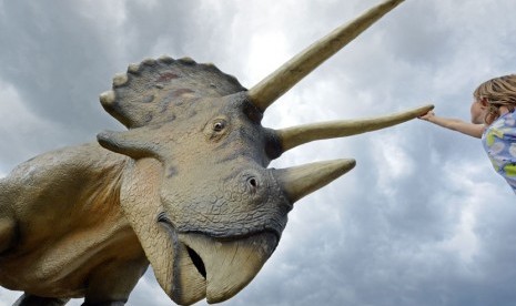  Seorang anak menyentuh model dinosaurus Triceratops dalam pameran 'Dunia Dinosaurus' di Hohenfelden dekat Erfurt, Jerman, Selasa (25/9).   (Jens Meyer/AP)