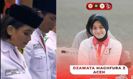 Seorang anggota Paskibraka Nasional 2024 asal Aceh. Perbandingan saat acara dan foto ketika masih berjilbab.