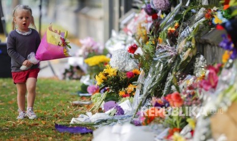 Seorang gadis kecil berjalan untuk meletakkan bunga di dinding Kebun Raya di Christchurch, Selandia Baru, Ahad, (17/3/2019). Meletakkan bunga sebagai aksi solidaritas pascapenembakan di dua masjid kota Christchurch pada Jumat (15/3).