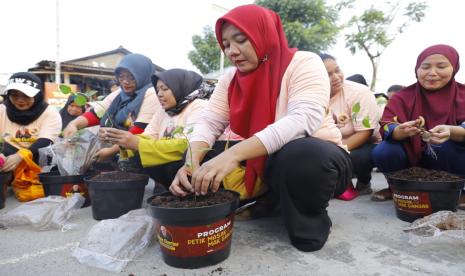 Seorang ibu mengikuti program Petik Masak di Tegalalur, Kalideres, Jakarta Barat. 