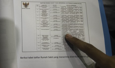 Seorang jurnalis melihat daftar rumah sakit penerima distribusi vaksin palsu yang dirilis dalam rapat kerja antara pemerintah dengan Komisi IX DPR di Kompleks Parlemen, Senayan, Jakarta, Kamis (14/7).