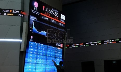 Seorang karyawan mengamati pergerakan Indeks harga saham gabungan (IHSG) pada layar elektronik di gedung Bursa Efek Indonesia, Jakarta, Rabu (22/7). 