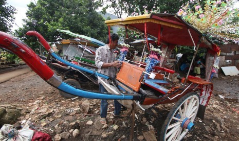 Seorang kusir membersihkan kereta delman di Jakarta, Selasa (6/12). 