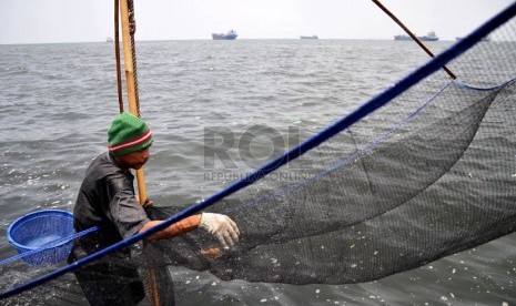 Seorang nelayan mengangkat jaring udang rebon di wilayah pesisir pantai Jakarta Utara, Selasa (8/10). (Republika/Prayogi)