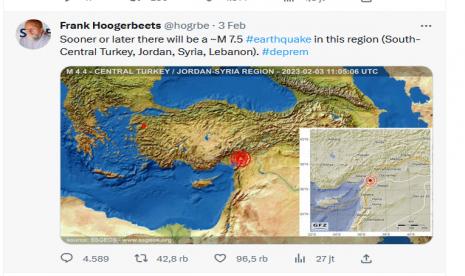 Seorang pakar memprediksi gempa Turki pada 3 Februari 2022 lalu.