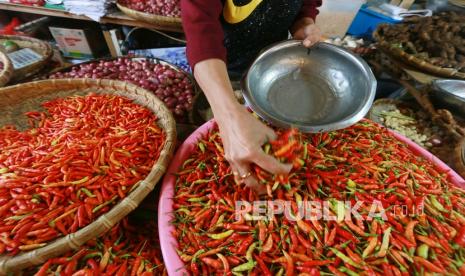 Seorang pedagang memilih cabai rawit di pasar Sentral, Kota Gorontalo, Gorontalo, Rabu (7/4/2021). Asosiasi Agribisnis Cabai Indonesia (AACI) menyatakan, tren harga cabai rawit yang menjadi konsumsi utama masyarakat diprediksi akan terus menurun. 