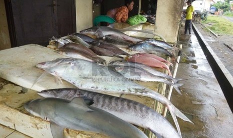   Seorang pedagang menjajakan ikan hasil tangkapan nelayan di kios ikan Pantai Jayanti, Cidaun, Kabupaten Cianjur, Senin (13/1).  (Republika/Edi Yusuf)