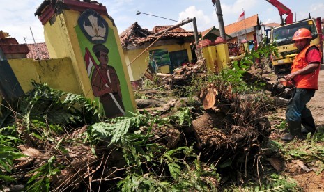 Seorang petugas Badan Penanggulangan Bencana Daerah (BPBD) memotong pohon besar yang tumbang menimpa bangunan SD di Desa Pesarean, Kabupaten Tegal, Jawa Tengah, Senin (15/2)