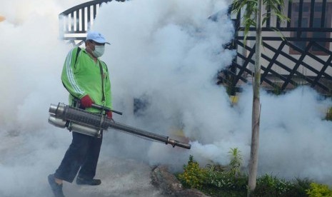  Seorang petugas melakukan pengasapan (fogging) untuk membasmi nyamuk demam berdarah.