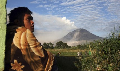  Seorang pria menyaksikan Gunung Sinabung menyemburkan debu vulkanik, di Desa Perteguhen, Karo, Sumut, Senin (6/1).    (AP/Binsar Bakkara)