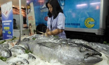 Seorang staf Kementrian Kelautan dan Perikanan sedang menata display boothnya pada acara pameran International Indonesia Seafood & Meat (IISM) di JiExpo Kemayoran Jakarta, Kamis (15/10).