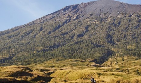 Seorang tukang ojek melintas di padang savana jalur pendakian Gunung Rinjani, Sembalun, Kecamatan Sembalun, Lombok Timur, NTB.