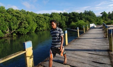  Seorang warga berjalan di atas jembatan yang menjadi kawasan pelestarian hutan mangrove di Pulau Bangka, Minahasa Utara, Sulawesi Utara, Kamis (31/1)