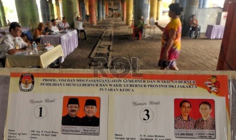  Seorang warga memberikan hak suaranya di TPS di bawah kolong jembatan kawasan Penjaringan, Jakarta Utara, Kamis (20/9).   (Zabur Karuru/Antara)