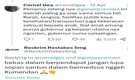 Seorang warganet asal Semarang, @cornelgea mengkritik Gubernur Ganjar Pranowo, tapi malah diperingatkan akun Satreskrim Polrestabes Semarang.