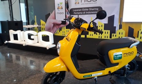 Sepeda listrik yang digunakan dalam aplikasi MIGO Ebike untuk meminjam sepeda listrik di Jakarta, Kamis (6/12).