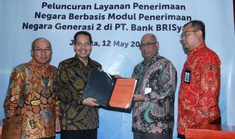 Seremoni peresmian penunjukan BRI sebagai bank penerima pajak negara secara elektronik di Jakarta, Jumat (14/5)