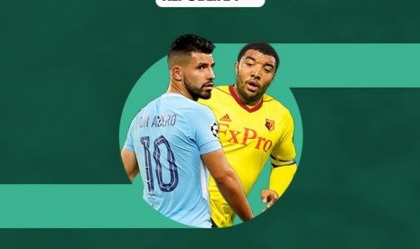 Sergio Aguero (Manchester City, kiri) vs Troy Deeney (Watford).