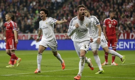 Sergio Ramos meluapkan kegembiraan usai menciptakan gol kedua ke gawang Bayern Munich di leg kedua semi final Liga Champions di Allianz Arena, Rabu (30/4) WIB dini hari