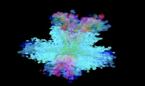 Simulasi oleh ahli astrologi RIKEN menunjukkan supernova berasal dari ledakan supergiant biru yang dibentuk oleh penggabungan dua bintang. (riken)