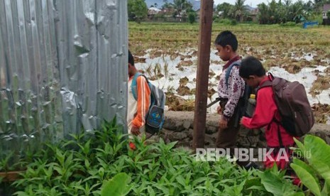 Siswa SDN 43 Sungai Sapih Kota Padang harus lewat tepi sawah untuk menuju sekolah karena jalan utama yang biasa ditempuh ditutup dengan pelat seng oleh pemilik tanah. 