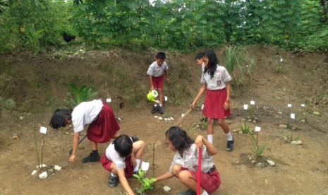 Siswa sekolah dasar di sekitar kawasan Danau Toba sedang merawat dan melestarikan kawasan sekolah dengan menanam tanaman obat dan buah. 