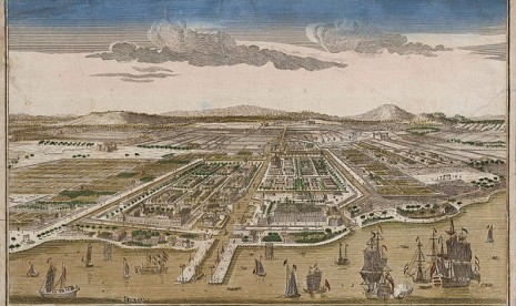 Sketsa Pelabuhan Batavia pada 1780. Saat itu Batavia beralih ke tangan penguasa Eropa setelah Malaka terlebih dahulu jatuh.    