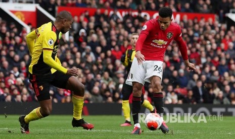 Penyerang muda Manchester United (MU) Mason Greenwood mencetak gol ketiga timnya pada laga melawan Watford di Old Trafford, Manchester, Ahad (23/2) malam.