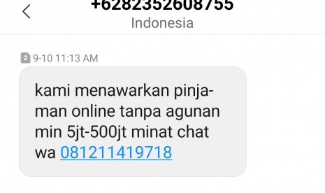 SMS pinjaman online. Otoritas Jasa Keuangan (OJK) menjalin kerja sama dengan Babinkamtibmas se-Provinsi Lampung untuk mencegah investasi ilegal merebak di daerah perdesaan. 