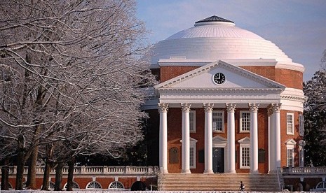 Some 80 percent of US college students attend public universities such as the University of Virginia, founded by Thomas Jefferson. (illustration)